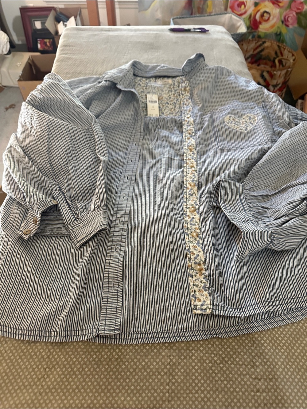 Pilcro Blue and White Striped Button-Down with Floral Trim and Heart Patch